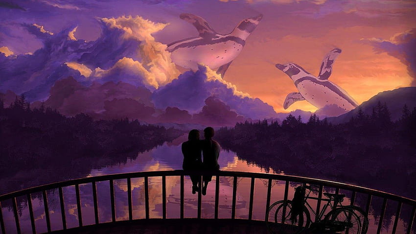 Romantik çift köprü gunbatımı sanat masaüstü duvar kağıdı, romantik resim Sfondo HD