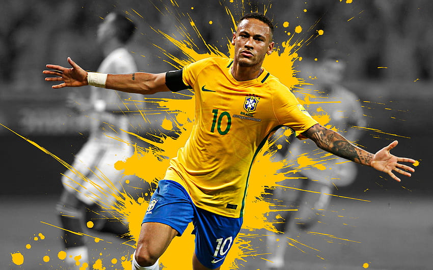 Neymar Jr, ทีมฟุตบอลชาติบราซิล, ศิลปะ, การสาดสี, ศิลปะกรันจ์, นักฟุตบอลบราซิล, ไปข้างหน้า, ศิลปะสร้างสรรค์, บราซิล, ฟุตบอลที่มีความละเอียด 3840x2400 คุณสูง นักเตะบราซิลทุกคน วอลล์เปเปอร์ HD