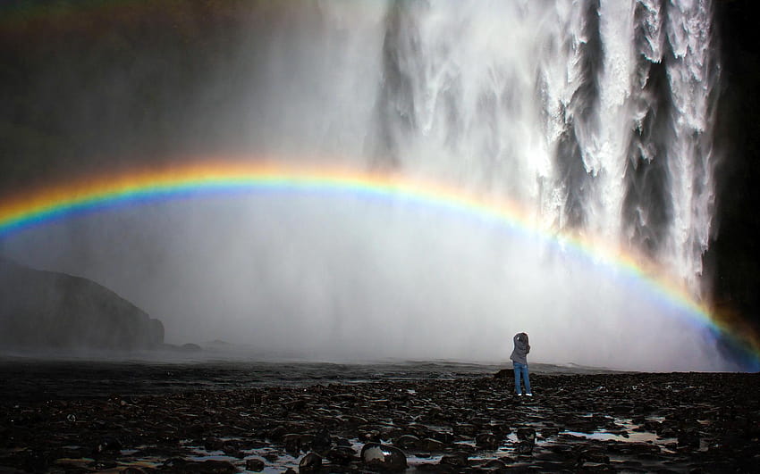 Waterfall rainbow nature mood drops fog, rainbow rainforest HD wallpaper