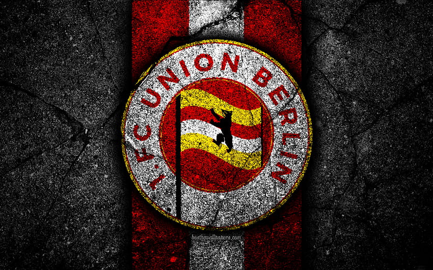 Union Berlin FC, grunge, logo, Bundesliga 2, creativo, squadra di calcio tedesca, pietra nera, Union Berlin, emblema, texture asfalto, Germania, FC Union Berlin con risoluzione 3840x2400. Alta qualità Sfondo HD