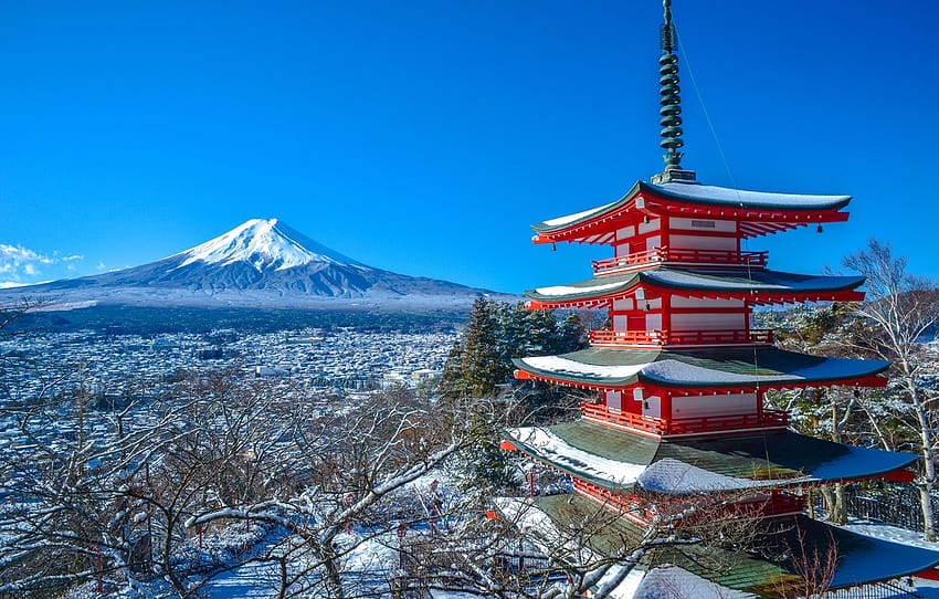 ฤดูหนาว ภูเขา ภูเขาไฟ ญี่ปุ่น ฟูจิ ทัศนีย เจดีย์ ญี่ปุ่น ภูเขาฟูจิ ฟูจิ เจดีย์ Chureito Fujiyoshida Fujiyoshida ส่วน пейзажи ฤดูหนาวฟูจิ วอลล์เปเปอร์ HD