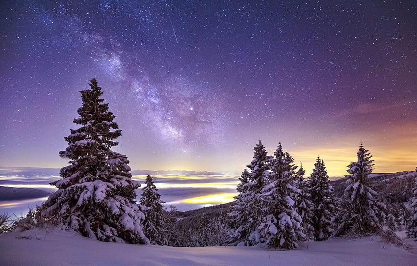 O céu, Inverno, Montanhas, Neve, Estrelas, A Via Láctea, Abetos, seção природа, estrelas inverno papel de parede HD