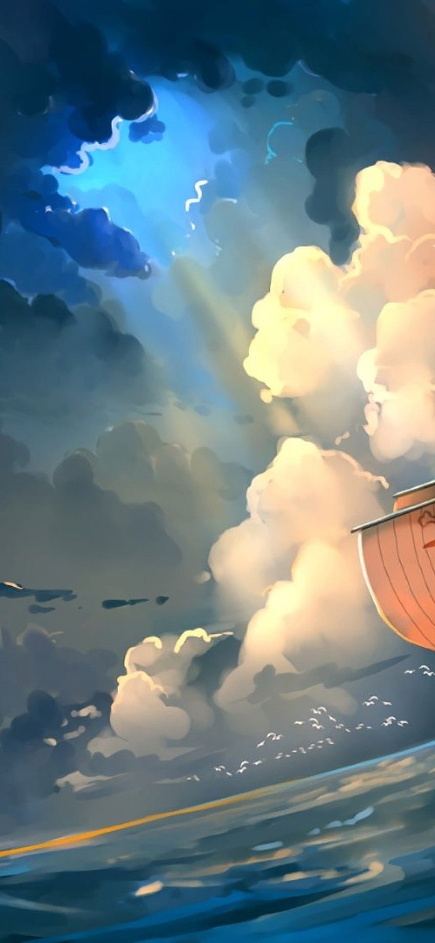 1080x2340 One Piece, Thousand Sunny, Ship, Ocean, Clouds, Artwork for Xiaomi Mi 9 & Mi Mix 3 & Black Shark 2, Vivo V15 Pro, OnePlus 6T, Huawei Y9 2019 HD phone wallpaper