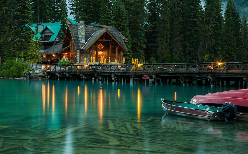 lights, boats, trees, lodge, water, crystalline, Canada, dock, beautiful, lake, walkway ::, beautiful walkway HD wallpaper