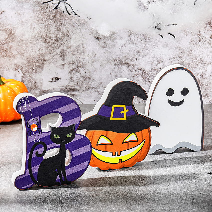 The Holiday Aisle® 3 ชิ้น Halloween Boo ไม้ประดับโต๊ะ Halloween Boo ป้ายไม้ฮาโลวีนฟักทอง Ghost ยืนตกแต่งตาราง Halloween Party ตกแต่งตารางสำหรับอุปกรณ์ตกแต่งปาร์ตี้ฮาโลวีน, เครื่องประดับฟักทองฮาโลวีน วอลล์เปเปอร์โทรศัพท์ HD