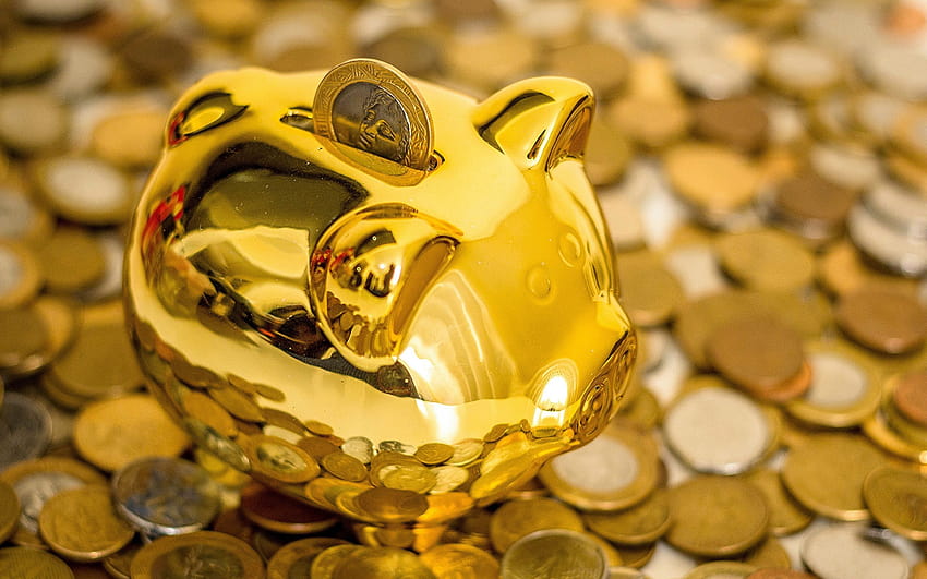 golden piggy bank, coins, money, save money concept, deposit, piggy bank with resolution 2880x1800. High Quality HD wallpaper