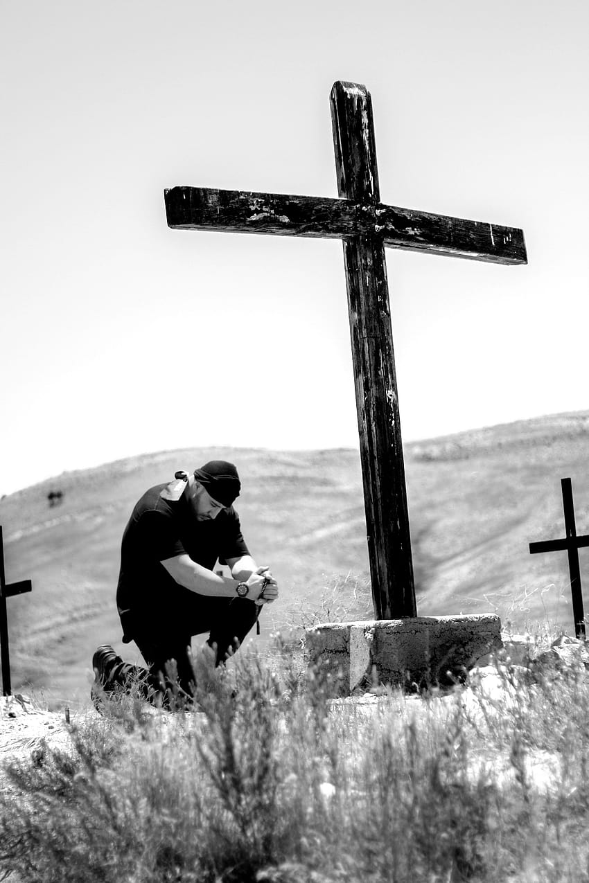 man kneeling in front of wooden cross – Cross, winter cross HD phone wallpaper