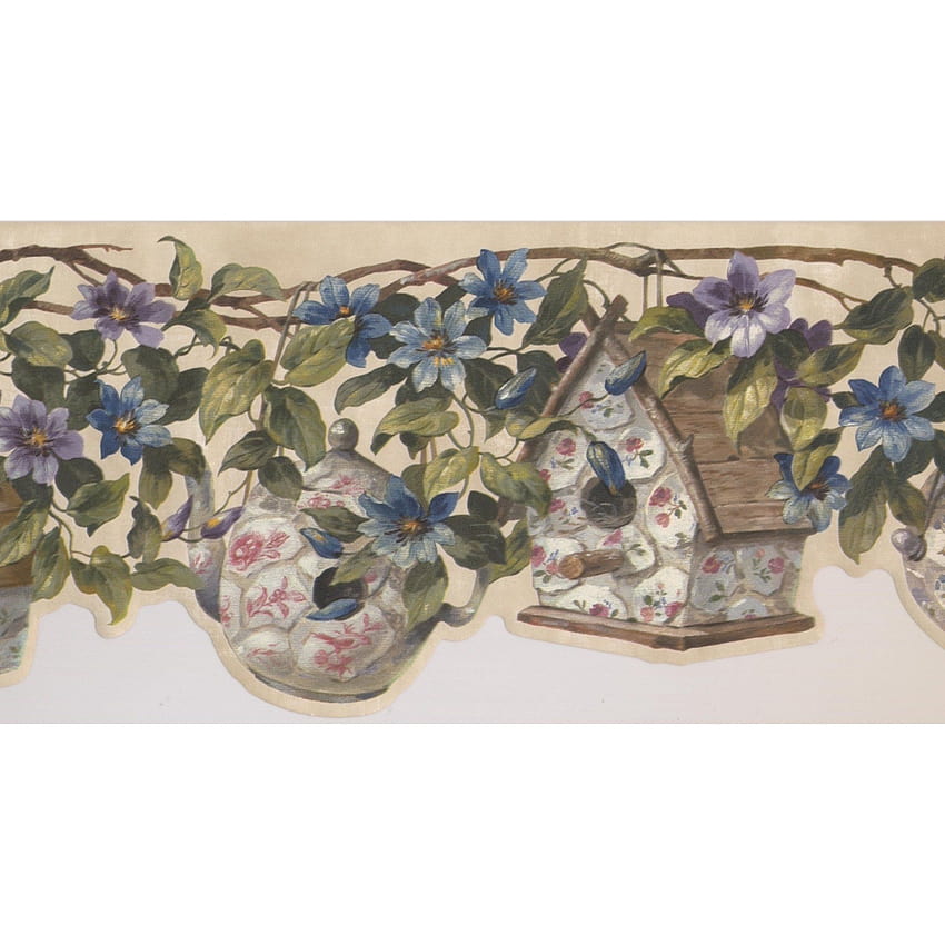 Hervidor de porcelana casita para pájaros colgando de la vid azul púrpura flores borde beige diseño retro, rollo 15' x 9 fondo de pantalla del teléfono