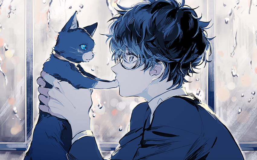 Persona 5, Kurusu Akira, Anime Boy, Katze, Brille, Profil, süßer Anime-Junge HD-Hintergrundbild