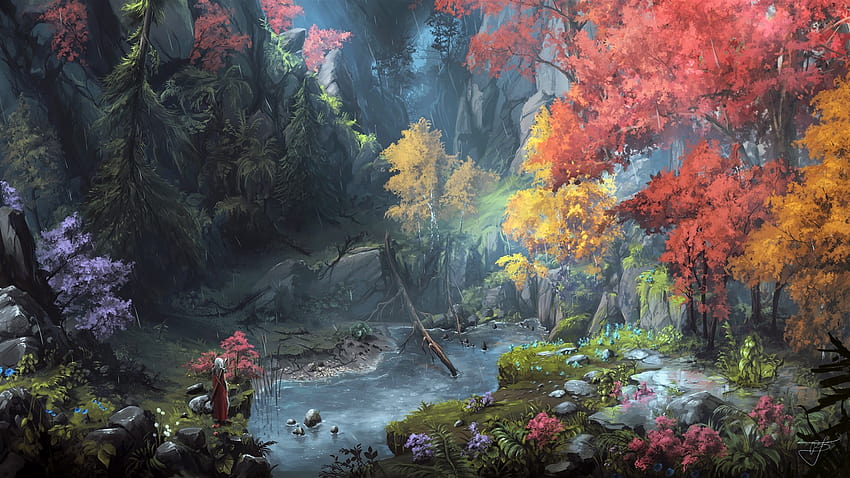 Fantasy art painting, mountains, trees, autumn 2560x1600 , drawing autumn HD wallpaper