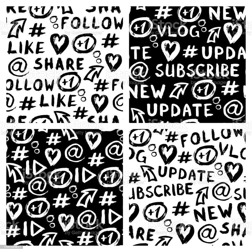 Set Of 4 Hand Drawn Seamless Patterns With Social Media Symbols Hashtag At Sign Arrow Plus One Comment Play Button Etc Abstract Ink Grunge Style Vector Stock Illustration HD phone wallpaper