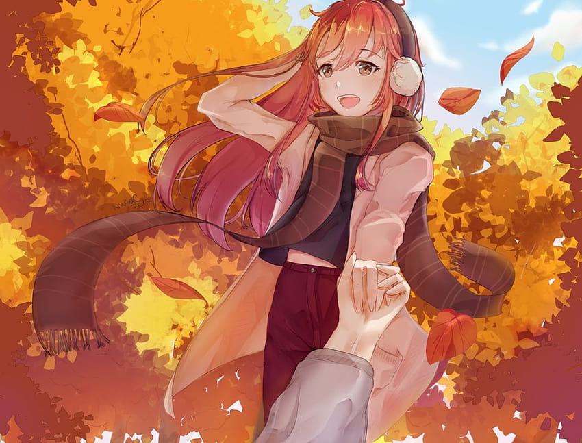autumn brown eyes earmuffs leaves long hair nuunac original red hair scarf tree, autumn brown anime HD wallpaper