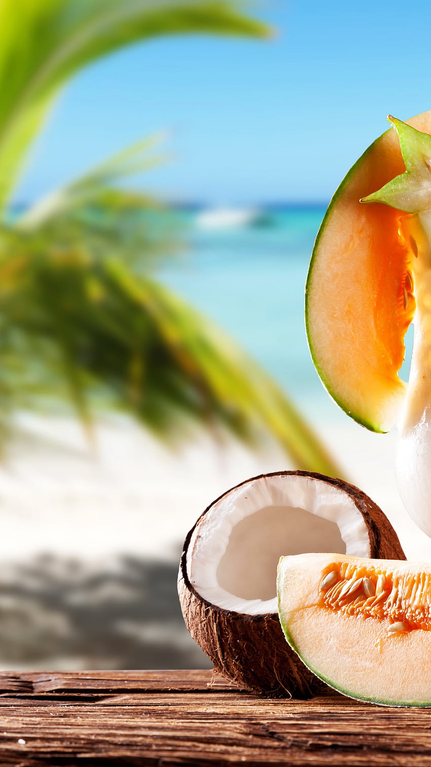млечен шейк, напитки, коктейл, лято, слънце, плодове, ананас, питахая, карамбол, ананас, кокос, пъпеш, ягоди, храна, летни кокосови орехи HD тапет за телефон