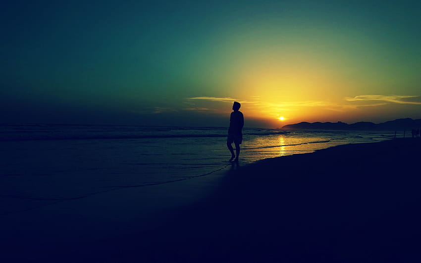 Sad Alone Man At Sunset Beach Waves, man alone HD wallpaper