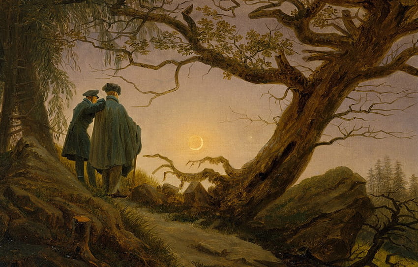 Landschaft, Baum, Caspar David Friedrich, Zwei den Mond betrachtende Männer, Abschnitt живопись HD-Hintergrundbild