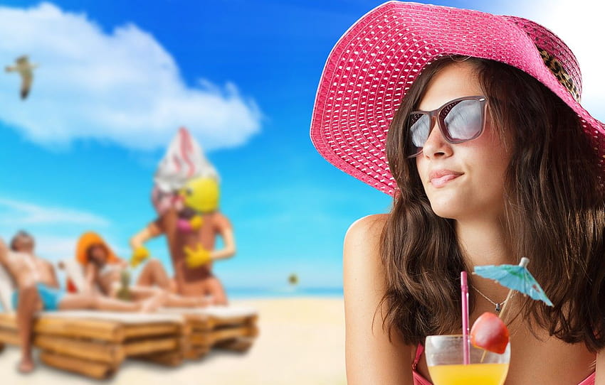 girl, summer, beach, party, hat, pink, beautiful, cocktail, travel , section девушки, party girl HD wallpaper