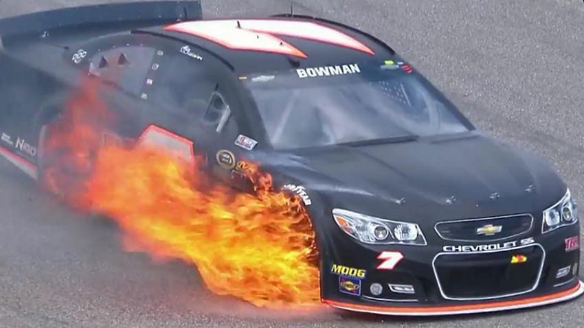Alex Bowman's car catches fire, safety crewman crashes and burns HD wallpaper