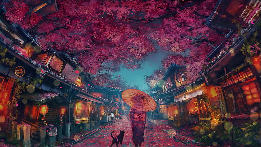Sakura Festival Asian Girl and Cat, festival anime HD wallpaper