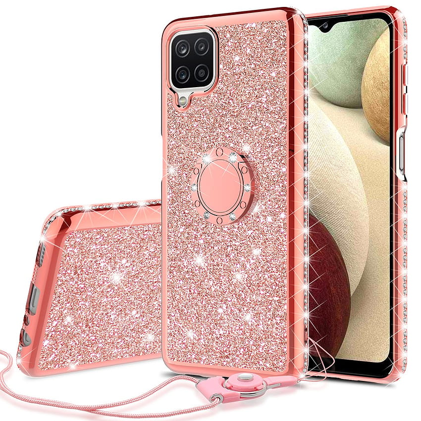 Para Samsung Galaxy A12 Case, Ring Kickstand para niñas Mujeres Diamond Sparkly Glitter Phone Cover Case para Galaxy A12 fondo de pantalla del teléfono