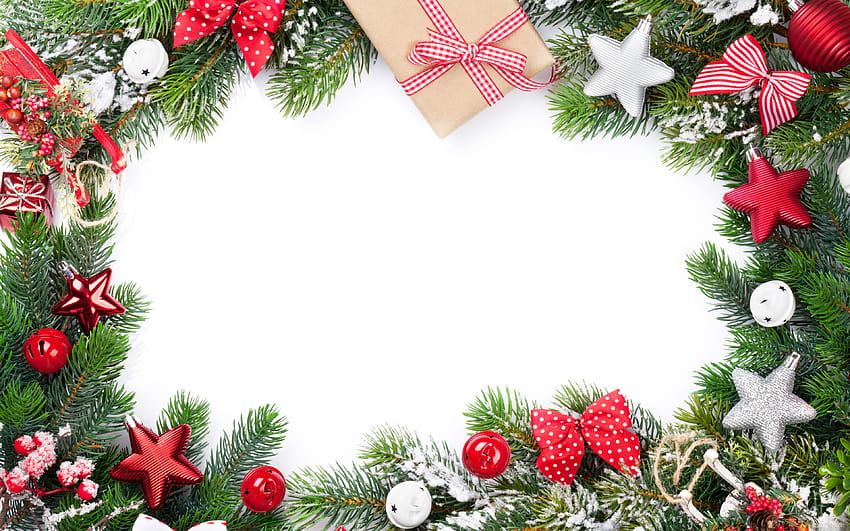 Christmas frame, white backgrounds, Merry Christmas, new year decorations, Happy New Year, xmas decorations, christmas decorations, Christmas decorations, xmas frames, New Years concerts with resolution 3840x2400. High HD wallpaper