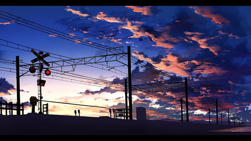 Anime Railroad Crossing อนิเมะเมืองยามเช้า 1920x1080 วอลล์เปเปอร์ HD