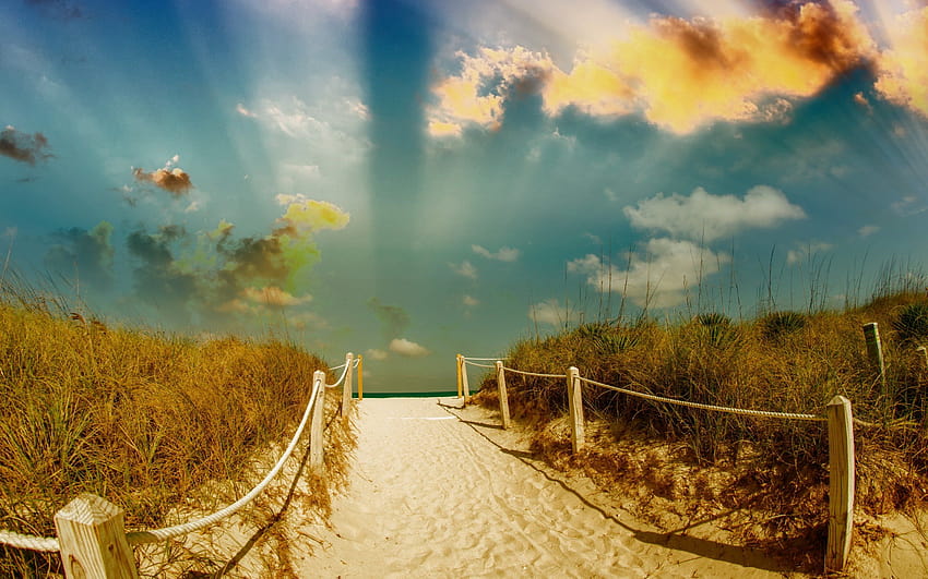Beach path trail mood sea ocean sand fence sky clouds nature landscape summer HD wallpaper