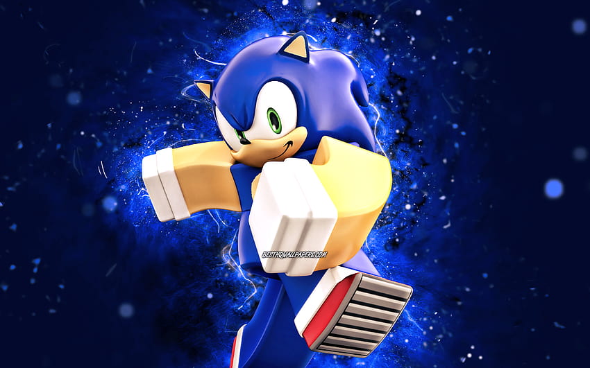 Sonic the Hedgehog, blue neon lights, Roblox, Heroes of Robloxia, Roblox characters, Sonic Roblox, Sonic the Hedgehog Roblox, Sonic the Roblox with resolution 3840x2400. High Quality, neon sonic HD wallpaper