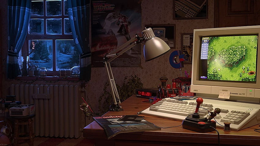 monitor de computadora CRT gris, Amiga, juegos retro, ventana, joystick • For You For & Mobile, gamer retro fondo de pantalla