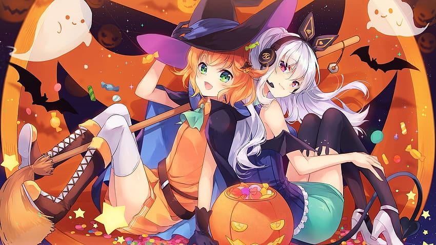 1920x1080 Anime Girls, Halloween, Witch Hats, Pumpkins, Ghost for , halloween anime HD wallpaper