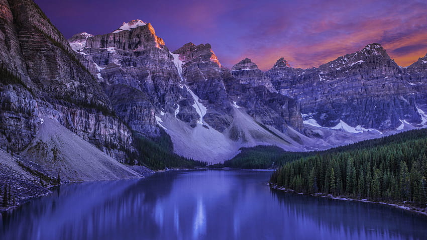 Lago Moraine Parque Nacional Banff Canadá Atardecer Crepúsculo fondo de pantalla