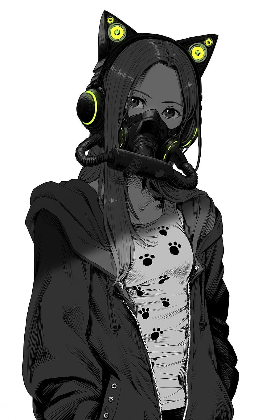 1600x2560 Chica anime, máscara, chaqueta, blanco y negro, máscara de chica  anime en blanco y negro fondo de pantalla del teléfono | Pxfuel
