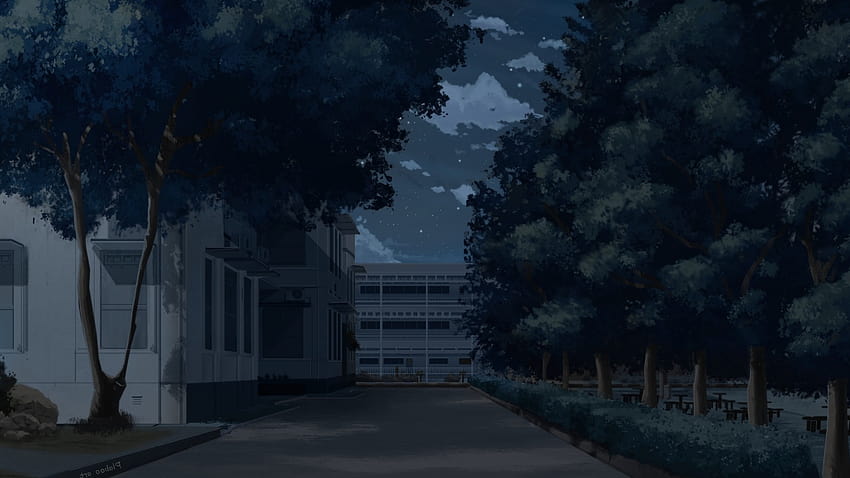 나무, 학교 배경, 건물, 애니메이션 밤, 풍경, 밤 애니메이션 미적 풍경 HD 월페이퍼