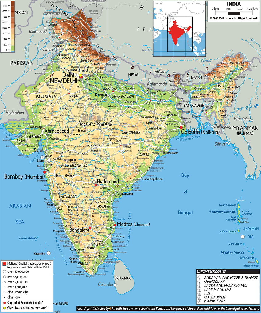 Mapa da Índia, mapa físico Papel de parede de celular HD