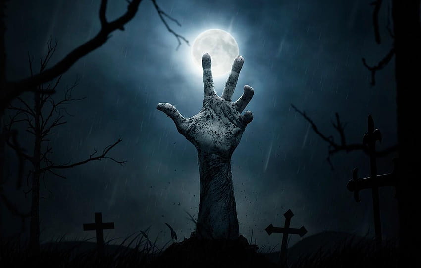 night, the moon, crosses, graves, hand, cemetery, halloween cemetery HD wallpaper