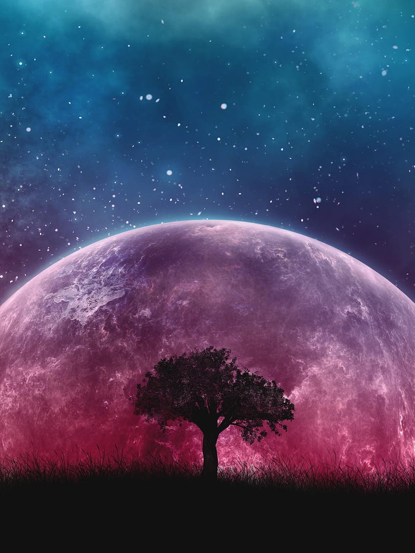 1536x2048 Big Moon, Nebula, Stars, Lonely Tree, Galaxy, big moon light HD phone wallpaper