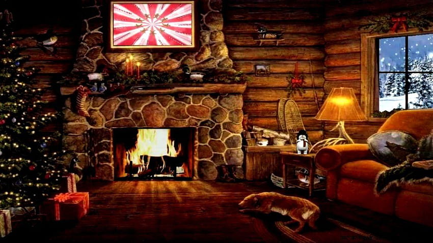 Christmas Cottage Scene, room fireplace winter HD wallpaper