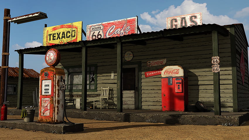 Stacja benzynowa z lat 50. na Route 66, która postarzała się przez wiele lat [2048x1152] dla Twojej mobilnej i tabletowej, estetycznej stacji benzynowej Tapeta HD