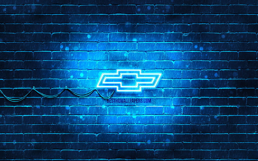 Chevrolet blue logo, blue brickwall, Chevrolet logo, cars brands, Chevrolet neon logo, Chevrolet with resolution 3840x2400. High Quality HD wallpaper