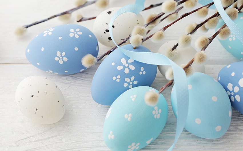 Telur Paskah biru, latar belakang kayu putih, telur dicat, konsep Paskah, musim semi, cabang willow dengan resolusi 2880x1800. Kualitas tinggi, telur paskah putih Wallpaper HD