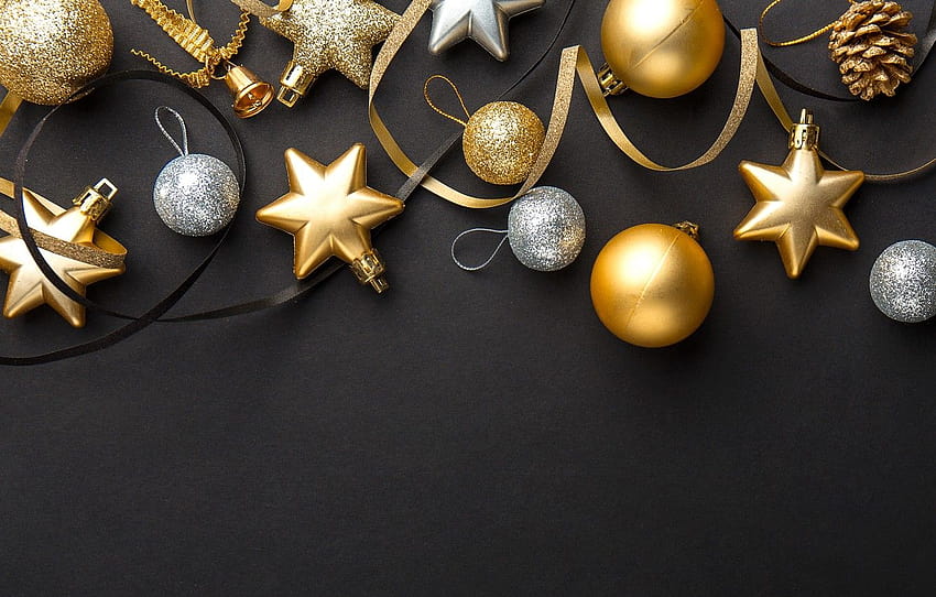 decoration, gold, balls, New Year, Christmas, golden, black background, black, Christmas, balls, background, New Year, decoration, Merry , section новый год, new year gold HD wallpaper