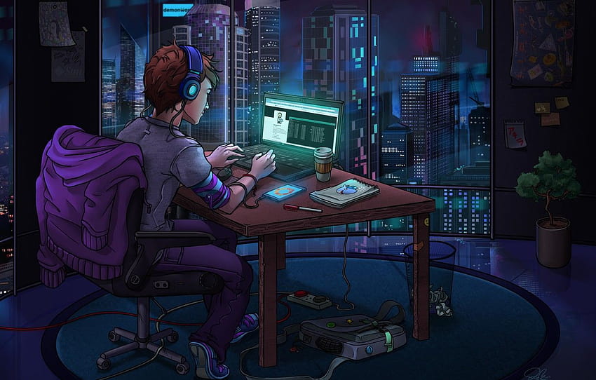 Computer, The Room, Hacker, The World, anime hacker HD wallpaper
