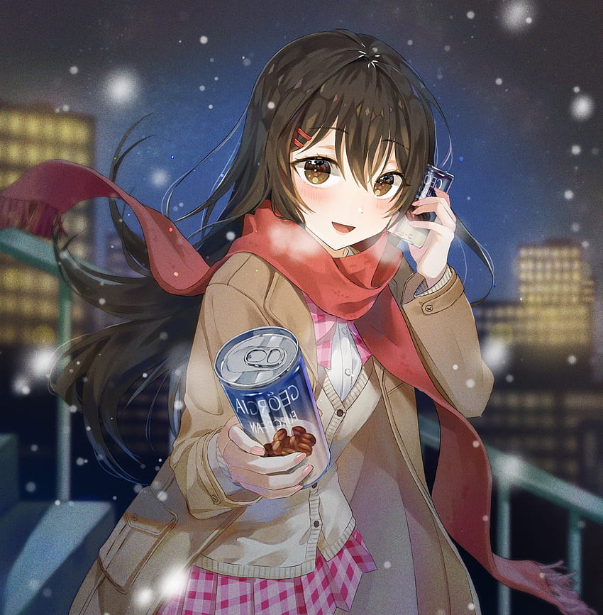 겨울, 빨간 스카프, 애니메이션 여고생, 흑발, 감기, 커피, red winter anime HD 전화 배경 화면