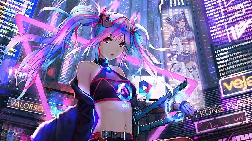 2048x1152 Anime Cyber ​​Girl Neon City ...qwalls, cyber rosa y azul fondo de pantalla