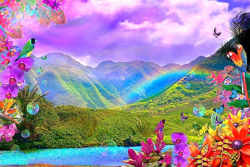 虹: 虹の谷 花 湖 アトラクション 夢 鳥、美しい虹 高画質の壁紙