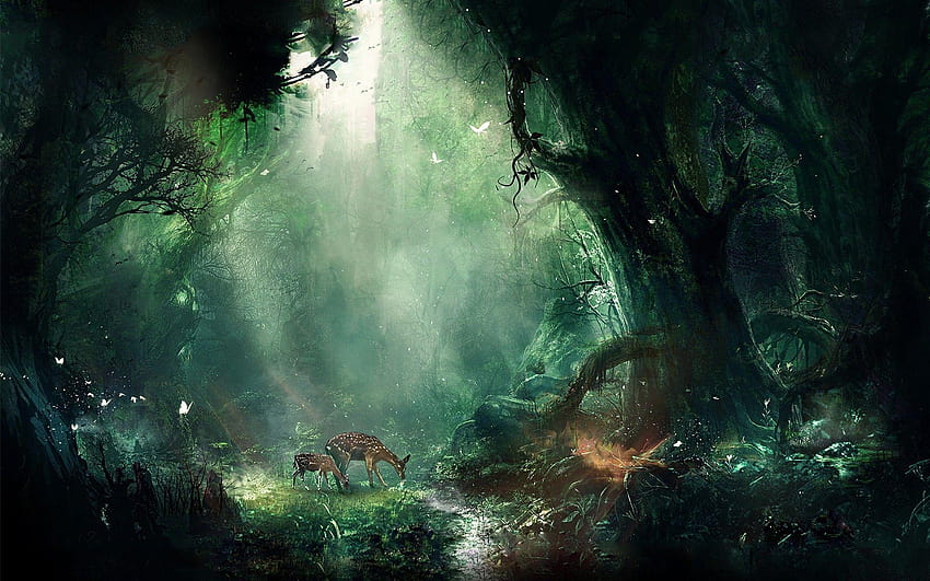 사슴은 마법의 숲에서 자주 풀을 뜯고 HD 월페이퍼