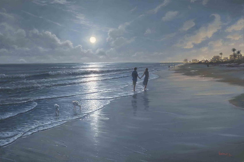 Lune romantique Mark Keathley mer océan nuit amoureux de la lune, bateaux de portofino mark keathley Fond d'écran HD
