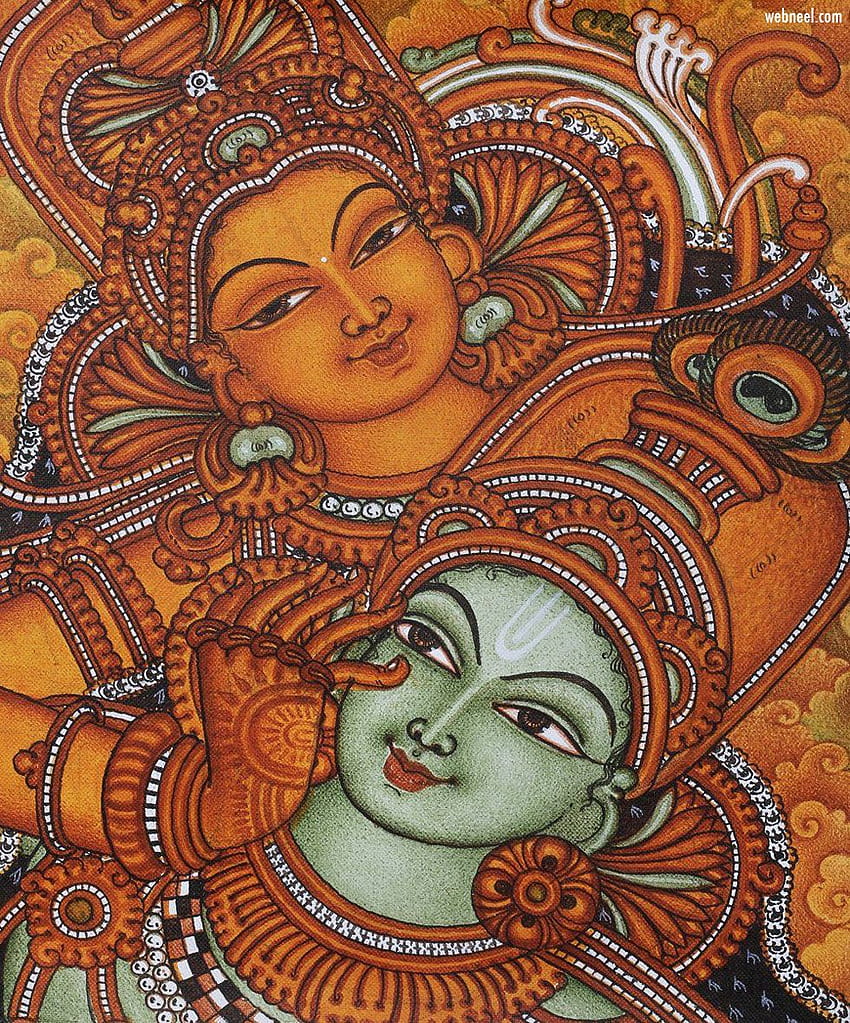 Pintura mural de Kerala Radha Krishna por Saji 16, obra de arte de Kerala fondo de pantalla del teléfono