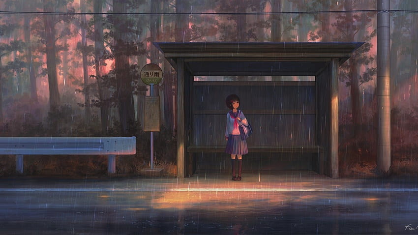 1920x1080 アニメの女の子, バス停, 雨が降っている, 学生服, lofi アニメ 1920x1080 高画質の壁紙