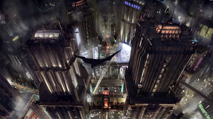 Batman gliding over Gotham City., batman glide HD wallpaper