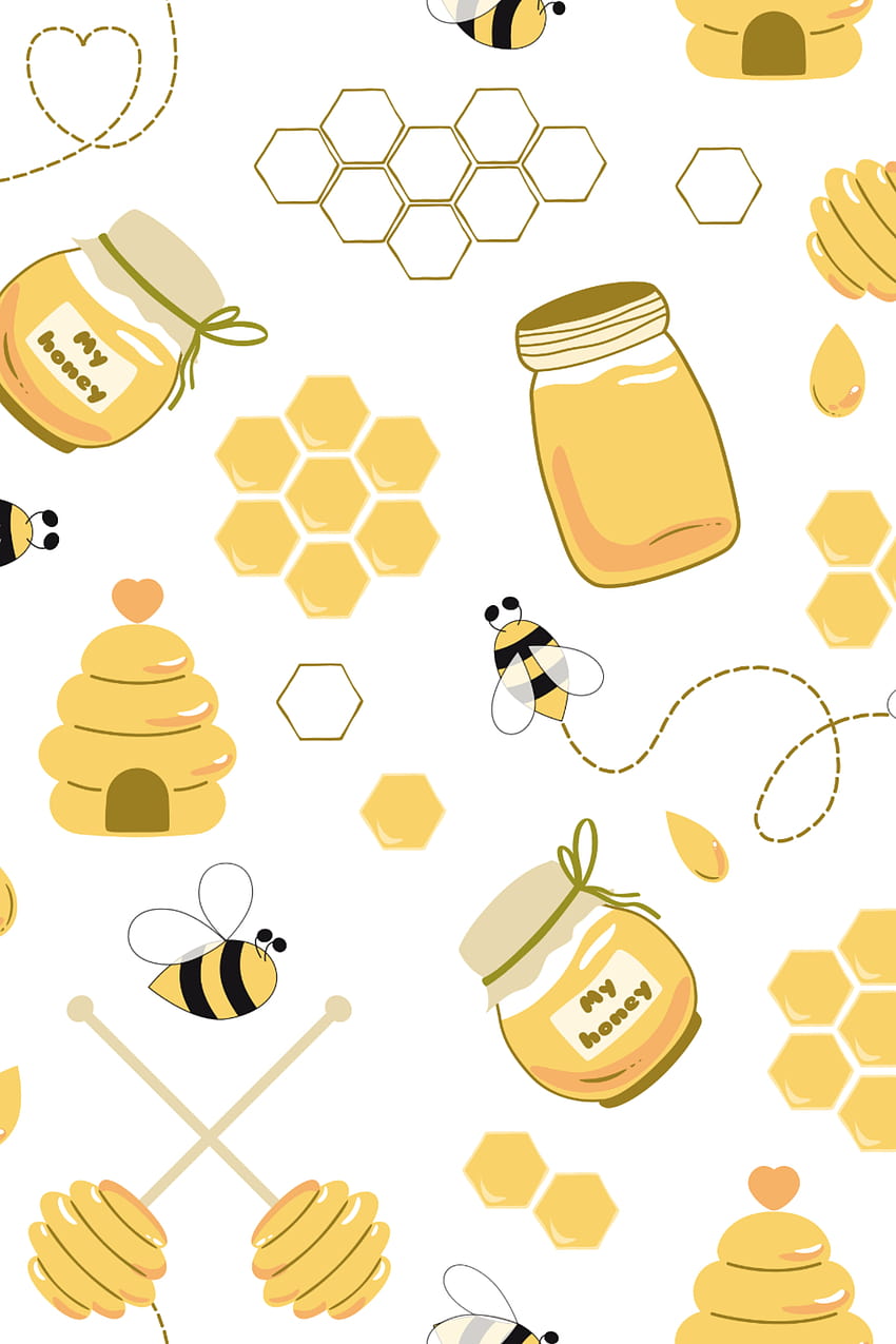 Bee デジタルペーパー, Sweet Honeybee Digital Paper, Honeycomb Floral Scrapbooking Paper Bumble Bee Digital Illustration Bee Honey デジタルペーパー in 2020, かわいいハニカム HD電話の壁紙